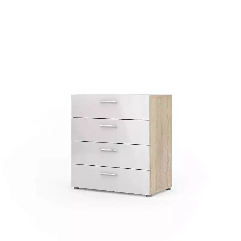 4-Drawer Vertical Dresser in Oak Finish with Silver Bar Handles and Smooth Metal Runners