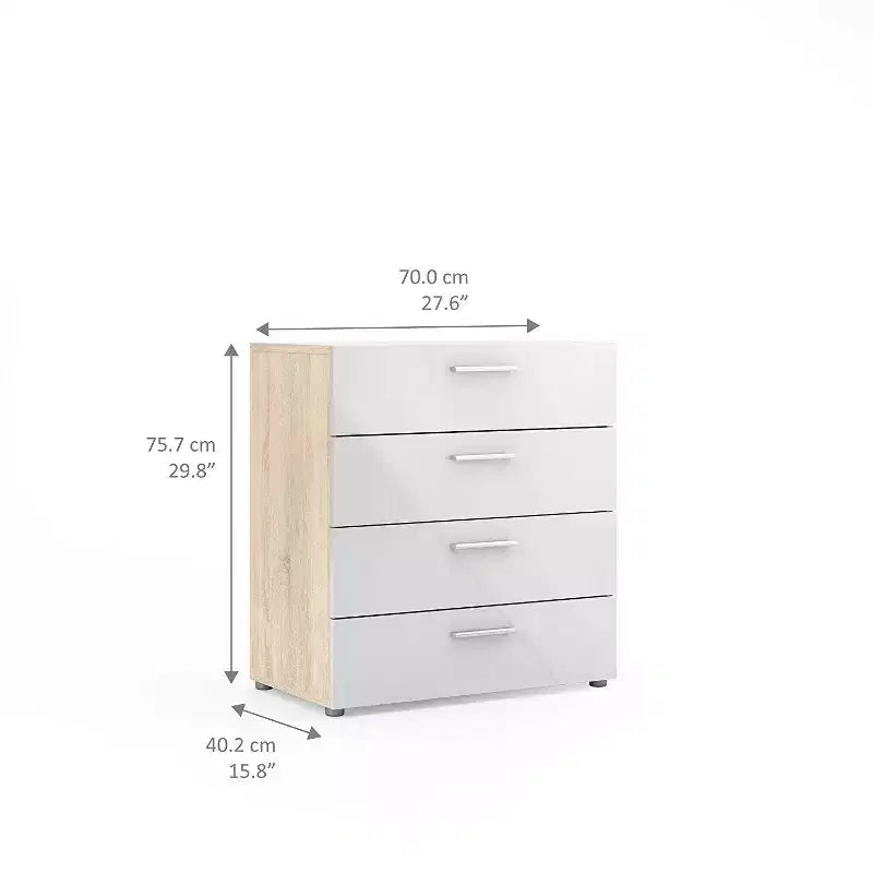 4-Drawer Vertical Dresser in Oak Finish with Silver Bar Handles and Smooth Metal Runners