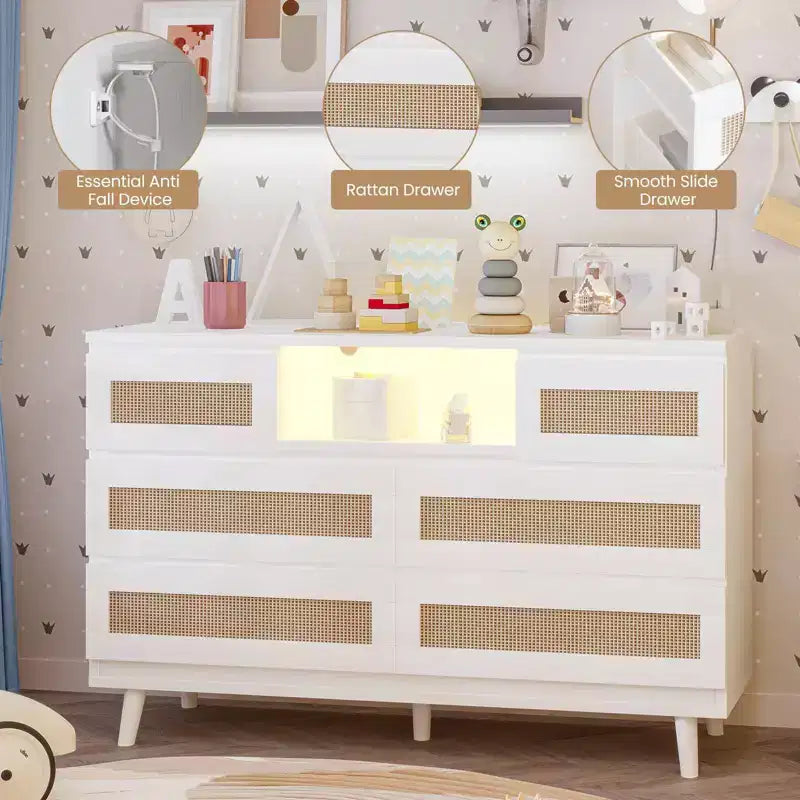 Rattan 6-Drawer Dresser with RGB Lighting and USB Charging Ports - Bedroom Storage Cabinet