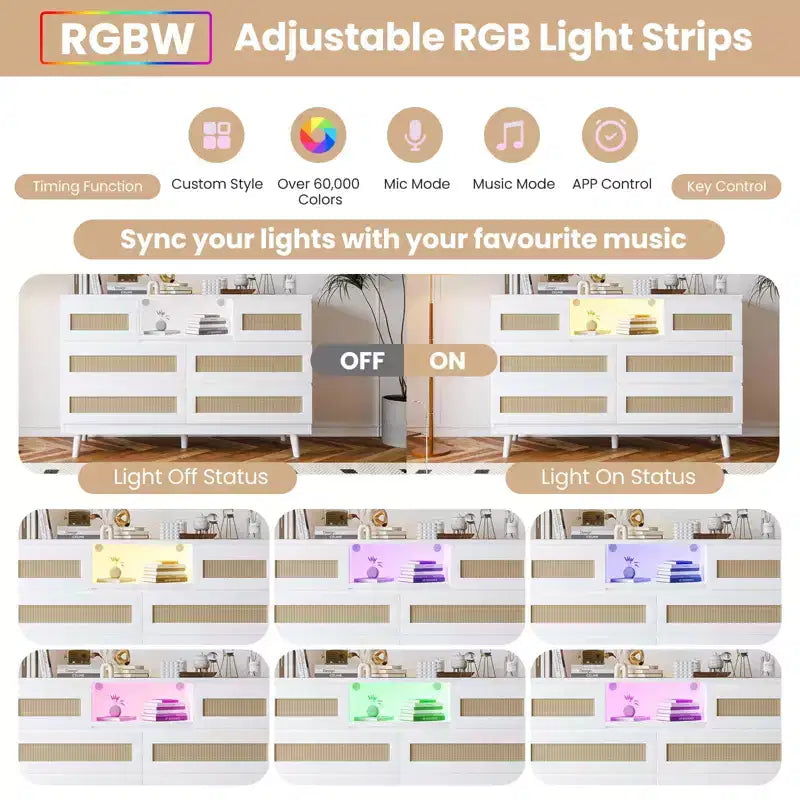 Rattan 6-Drawer Dresser with RGB Lighting and USB Charging Ports - Bedroom Storage Cabinet