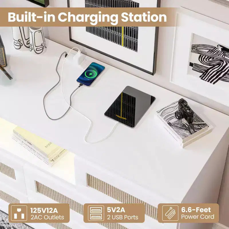 Rattan 6-Drawer Dresser with RGB Lighting and USB Charging Ports - Bedroom Storage Cabinet