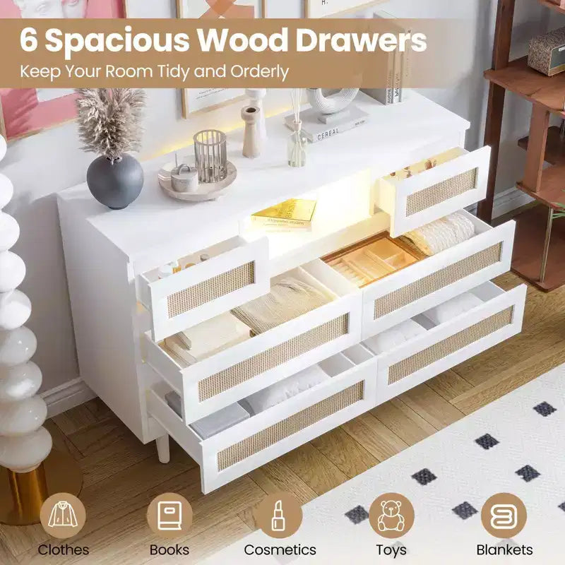 Rattan 6-Drawer Dresser with RGB Lighting and USB Charging Ports - Bedroom Storage Cabinet