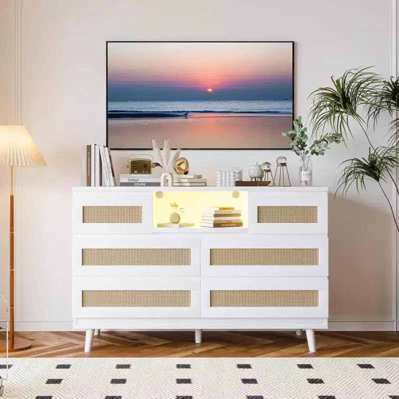 Rattan 6-Drawer Dresser with RGB Lighting and USB Charging Ports - Bedroom Storage Cabinet
