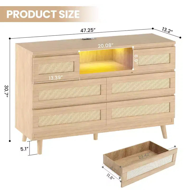 Rattan 6-Drawer Dresser with RGB Lighting and USB Charging Ports - Bedroom Storage Cabinet
