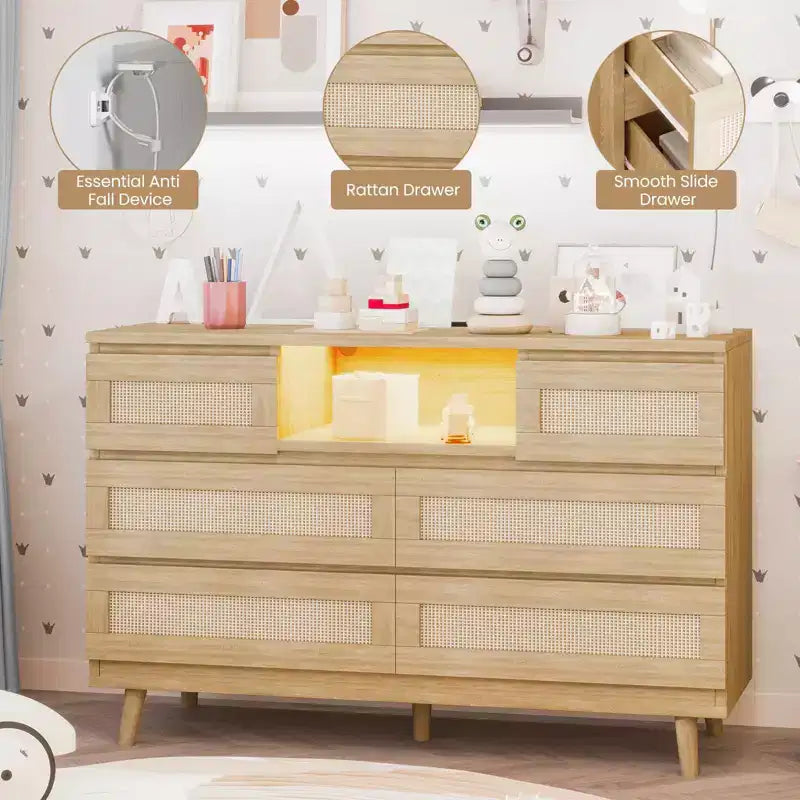 Rattan 6-Drawer Dresser with RGB Lighting and USB Charging Ports - Bedroom Storage Cabinet