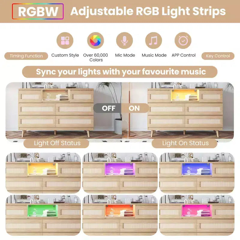 Rattan 6-Drawer Dresser with RGB Lighting and USB Charging Ports - Bedroom Storage Cabinet