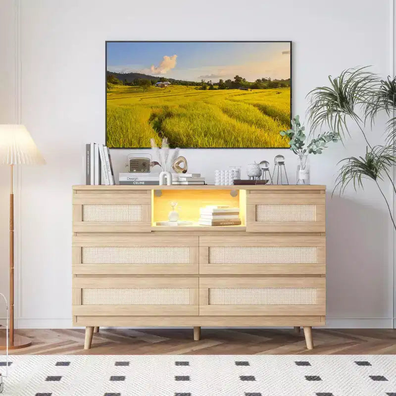 Rattan 6-Drawer Dresser with RGB Lighting and USB Charging Ports - Bedroom Storage Cabinet