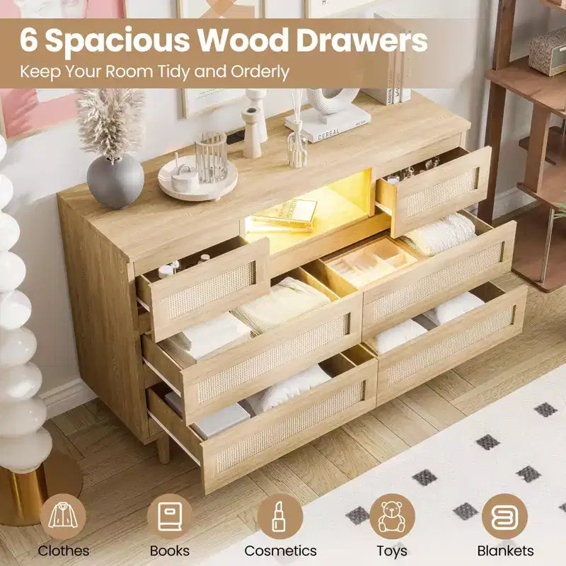 Rattan 6-Drawer Dresser with RGB Lighting and USB Charging Ports - Bedroom Storage Cabinet