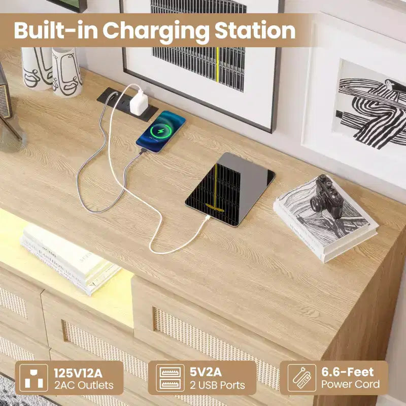 Rattan 6-Drawer Dresser with RGB Lighting and USB Charging Ports - Bedroom Storage Cabinet