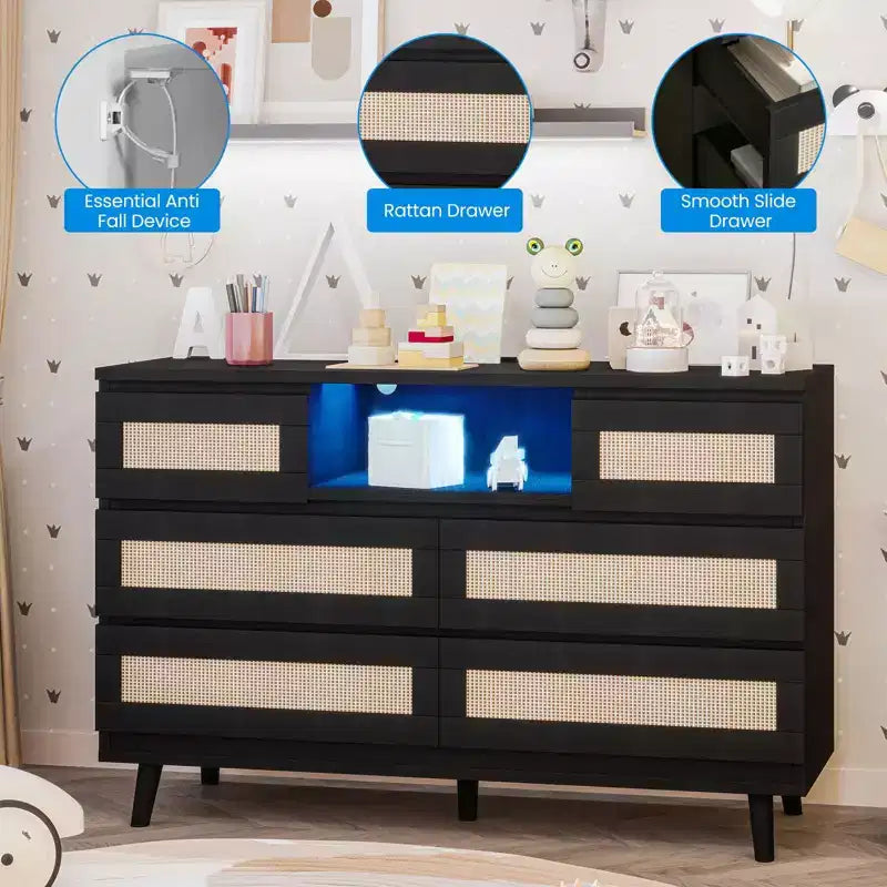 Rattan 6-Drawer Dresser with RGB Lighting and USB Charging Ports - Bedroom Storage Cabinet