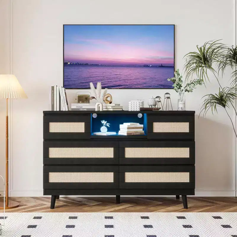 Rattan 6-Drawer Dresser with RGB Lighting and USB Charging Ports - Bedroom Storage Cabinet