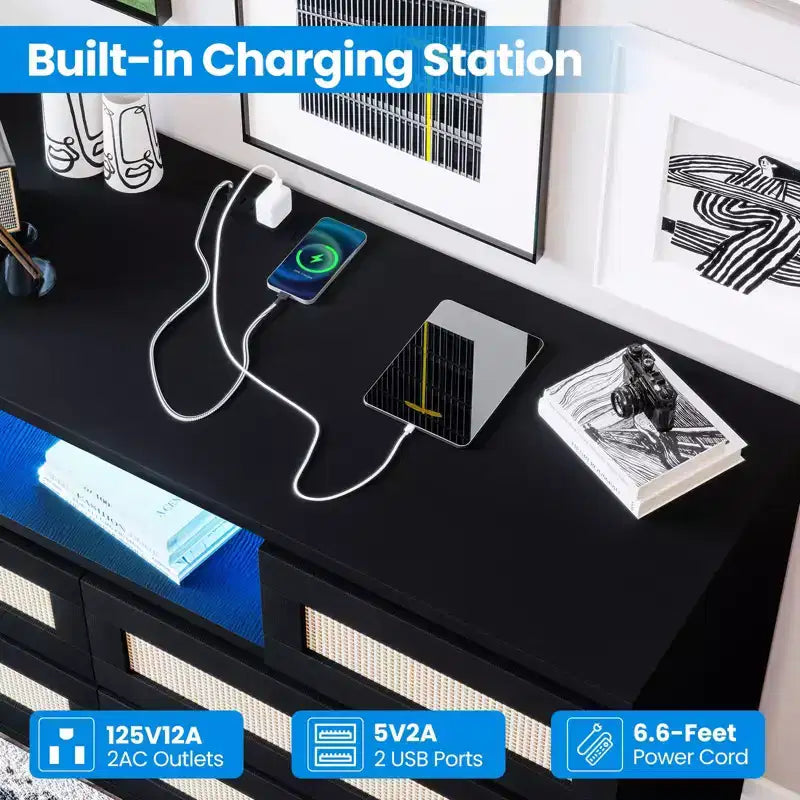 Rattan 6-Drawer Dresser with RGB Lighting and USB Charging Ports - Bedroom Storage Cabinet