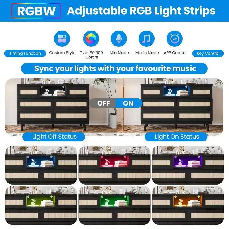 Rattan 6-Drawer Dresser with RGB Lighting and USB Charging Ports - Bedroom Storage Cabinet