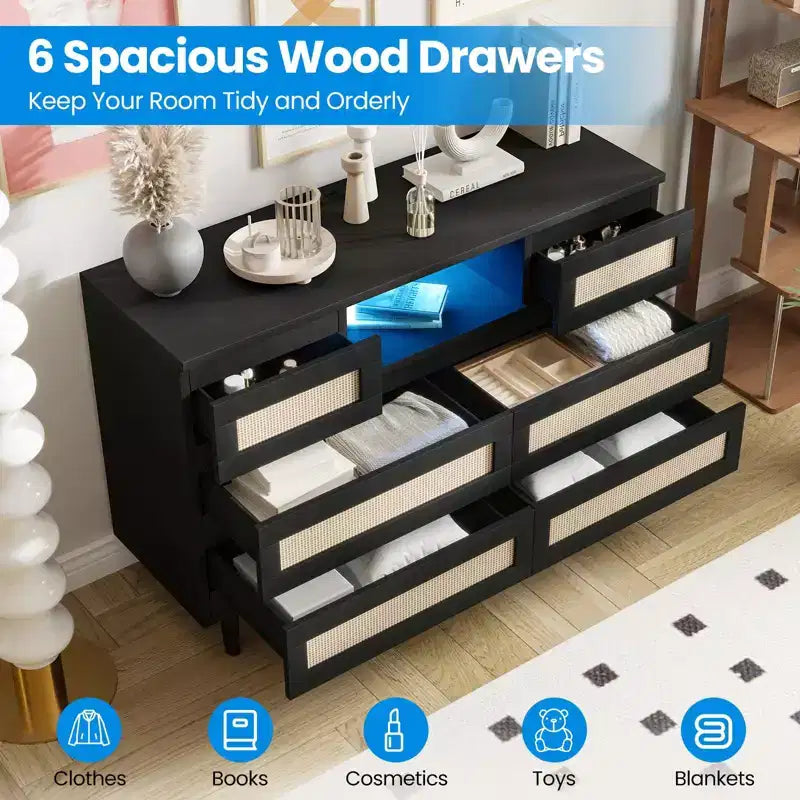 Rattan 6-Drawer Dresser with RGB Lighting and USB Charging Ports - Bedroom Storage Cabinet