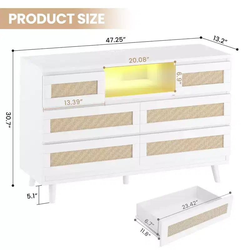 Rattan 6-Drawer Dresser with RGB Lighting and USB Charging Ports - Bedroom Storage Cabinet