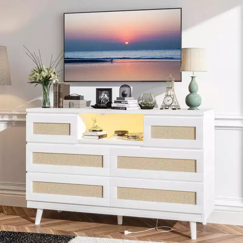 Rattan 6-Drawer Dresser with RGB Lighting and USB Charging Ports - Bedroom Storage Cabinet