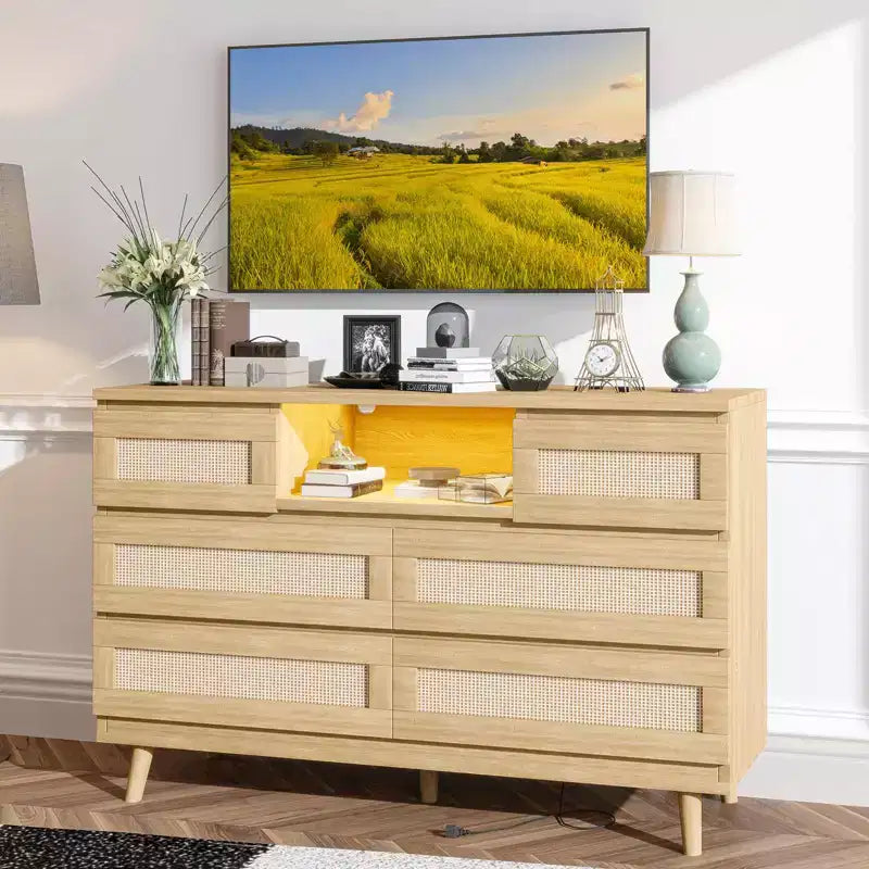 Rattan 6-Drawer Dresser with RGB Lighting and USB Charging Ports - Bedroom Storage Cabinet