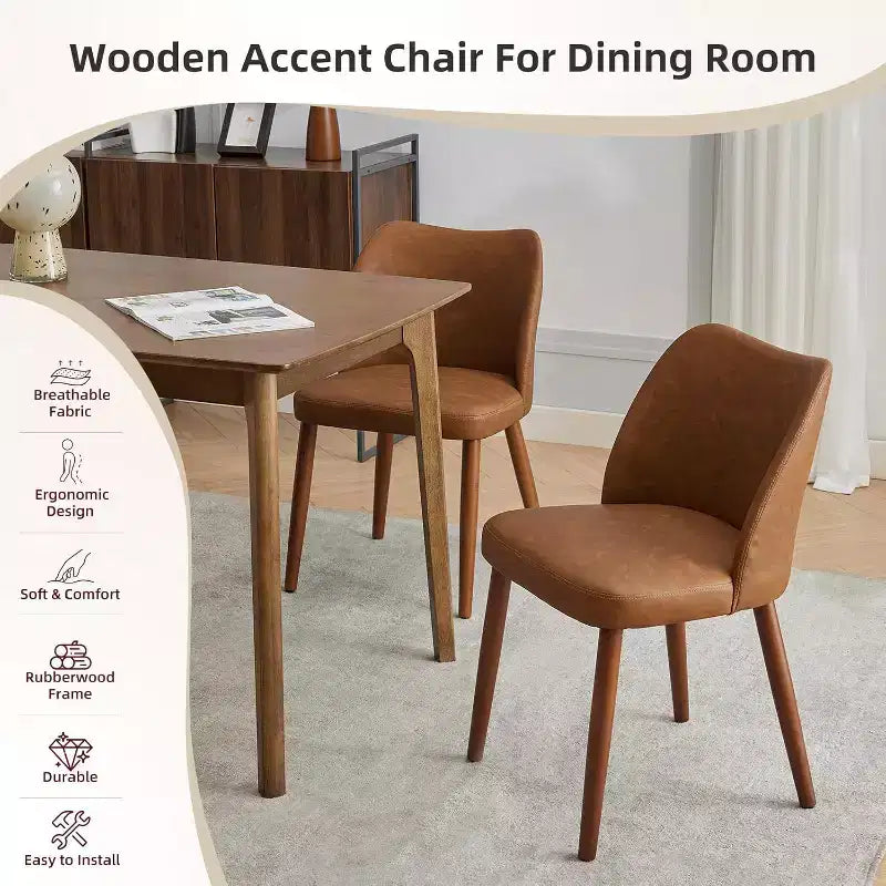 COZONY Leather Upholstered Dining Chair with Wood Legs, Wing Backrest and Thick Cushion