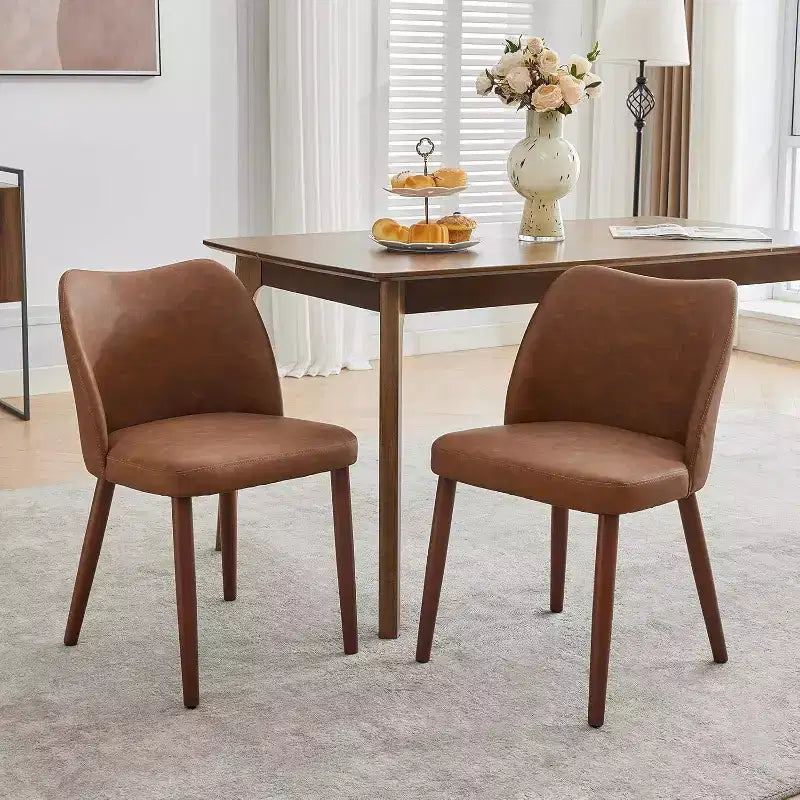 COZONY Leather Upholstered Dining Chair with Wood Legs, Wing Backrest and Thick Cushion
