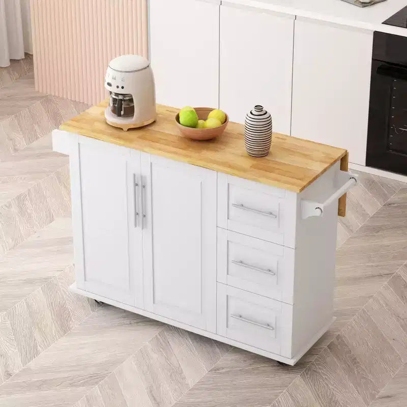 FAMYYT 43" White Kitchen Island Cart with Solid Wood Top, 2-Door Cabinet, 3 Drawers, Spice Rack and Towel Rack