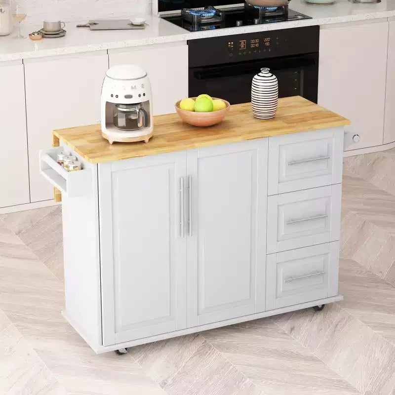 FAMYYT 43" White Kitchen Island Cart with Solid Wood Top, 2-Door Cabinet, 3 Drawers, Spice Rack and Towel Rack