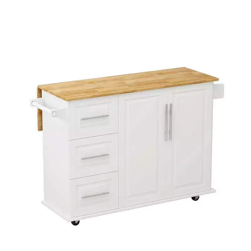 FAMYYT 43" White Kitchen Island Cart with Solid Wood Top, 2-Door Cabinet, 3 Drawers, Spice Rack and Towel Rack