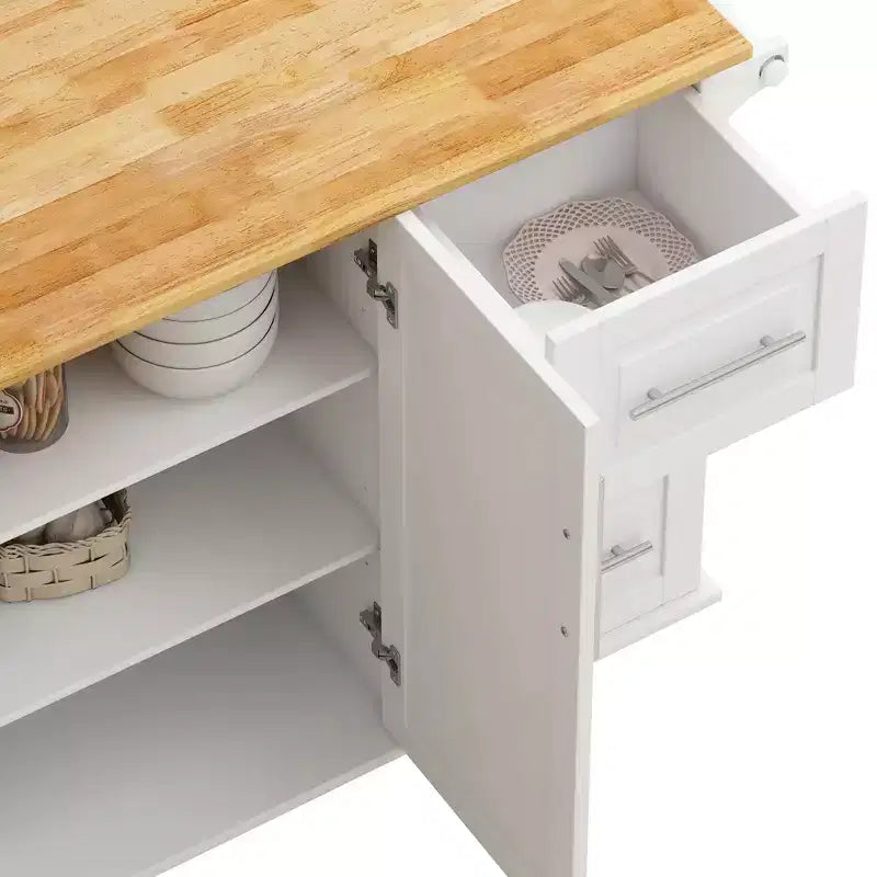 FAMYYT 43" White Kitchen Island Cart with Solid Wood Top, 2-Door Cabinet, 3 Drawers, Spice Rack and Towel Rack
