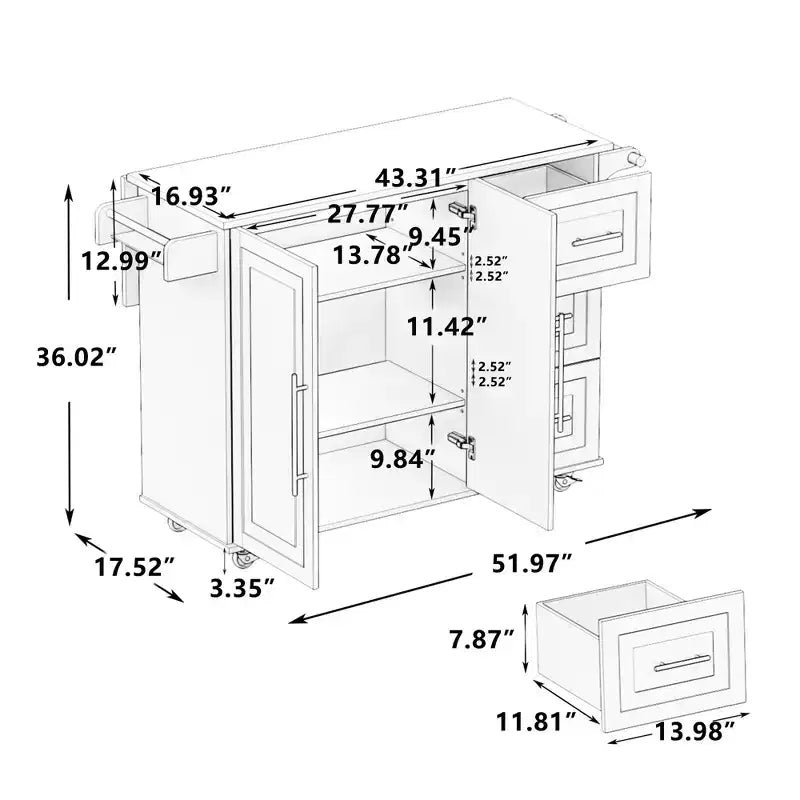FAMYYT 43" White Kitchen Island Cart with Solid Wood Top, 2-Door Cabinet, 3 Drawers, Spice Rack and Towel Rack