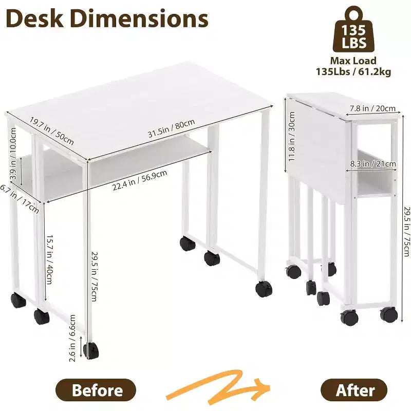 31.5" Foldable Rolling Desk with Storage Shelf and Wheels - Portable Computer Table for Small Spaces