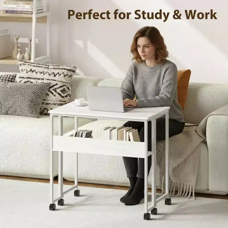 31.5" Foldable Rolling Desk with Storage Shelf and Wheels - Portable Computer Table for Small Spaces