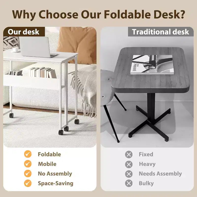 31.5" Foldable Rolling Desk with Storage Shelf and Wheels - Portable Computer Table for Small Spaces