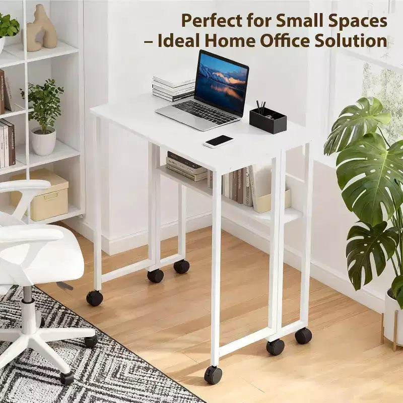 31.5" Foldable Rolling Desk with Storage Shelf and Wheels - Portable Computer Table for Small Spaces