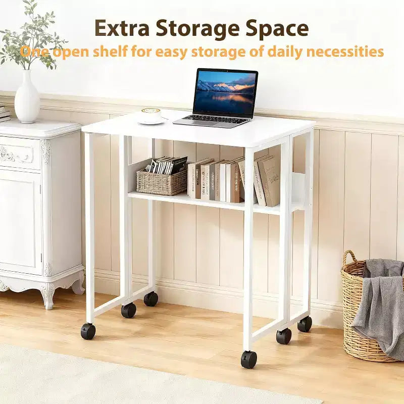 31.5" Foldable Rolling Desk with Storage Shelf and Wheels - Portable Computer Table for Small Spaces