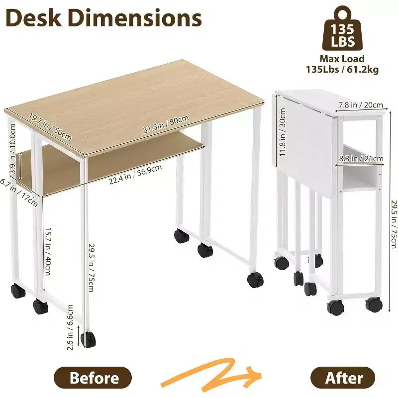 31.5" Foldable Rolling Desk with Storage Shelf and Wheels - Portable Computer Table for Small Spaces
