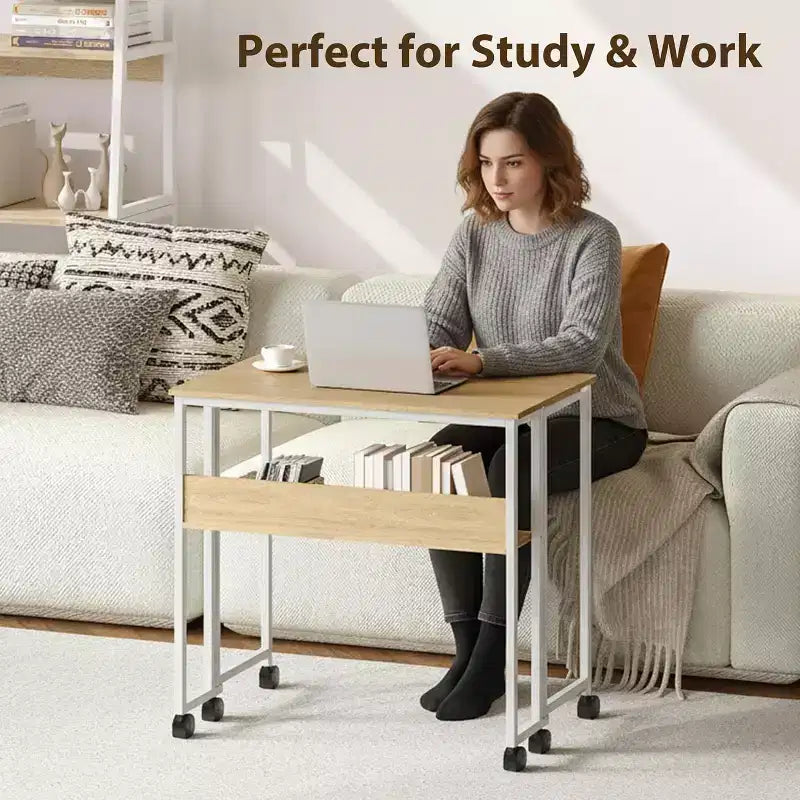 31.5" Foldable Rolling Desk with Storage Shelf and Wheels - Portable Computer Table for Small Spaces