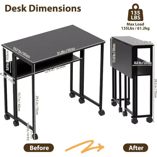 31.5" Foldable Rolling Desk with Storage Shelf and Wheels - Portable Computer Table for Small Spaces