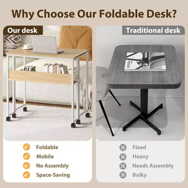 31.5" Foldable Rolling Desk with Storage Shelf and Wheels - Portable Computer Table for Small Spaces