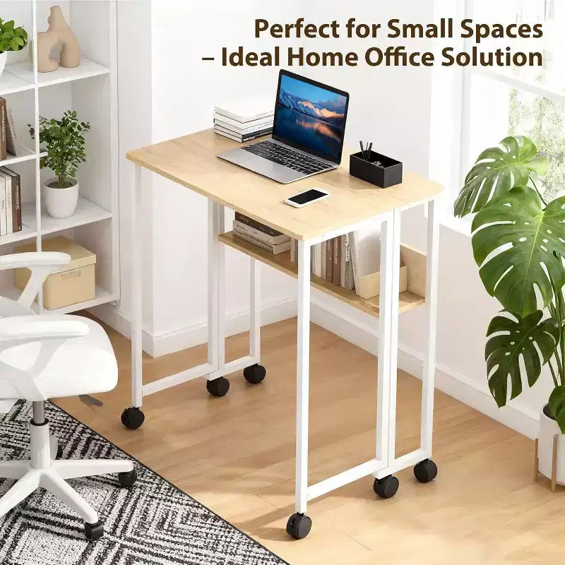31.5" Foldable Rolling Desk with Storage Shelf and Wheels - Portable Computer Table for Small Spaces