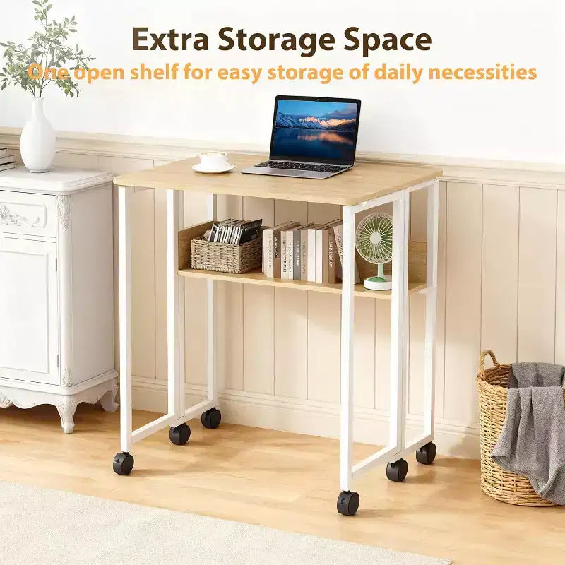 31.5" Foldable Rolling Desk with Storage Shelf and Wheels - Portable Computer Table for Small Spaces