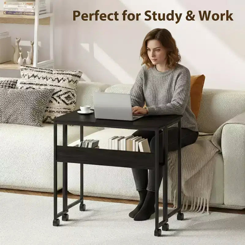 31.5" Foldable Rolling Desk with Storage Shelf and Wheels - Portable Computer Table for Small Spaces