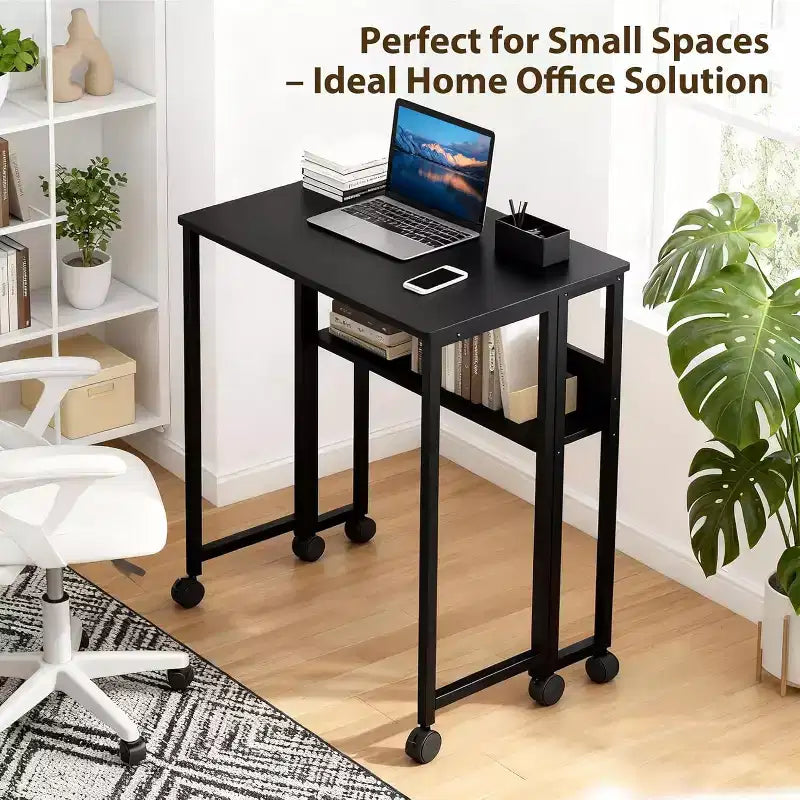 31.5" Foldable Rolling Desk with Storage Shelf and Wheels - Portable Computer Table for Small Spaces