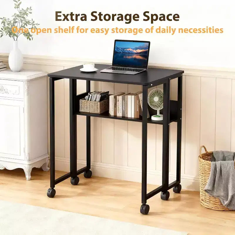 31.5" Foldable Rolling Desk with Storage Shelf and Wheels - Portable Computer Table for Small Spaces
