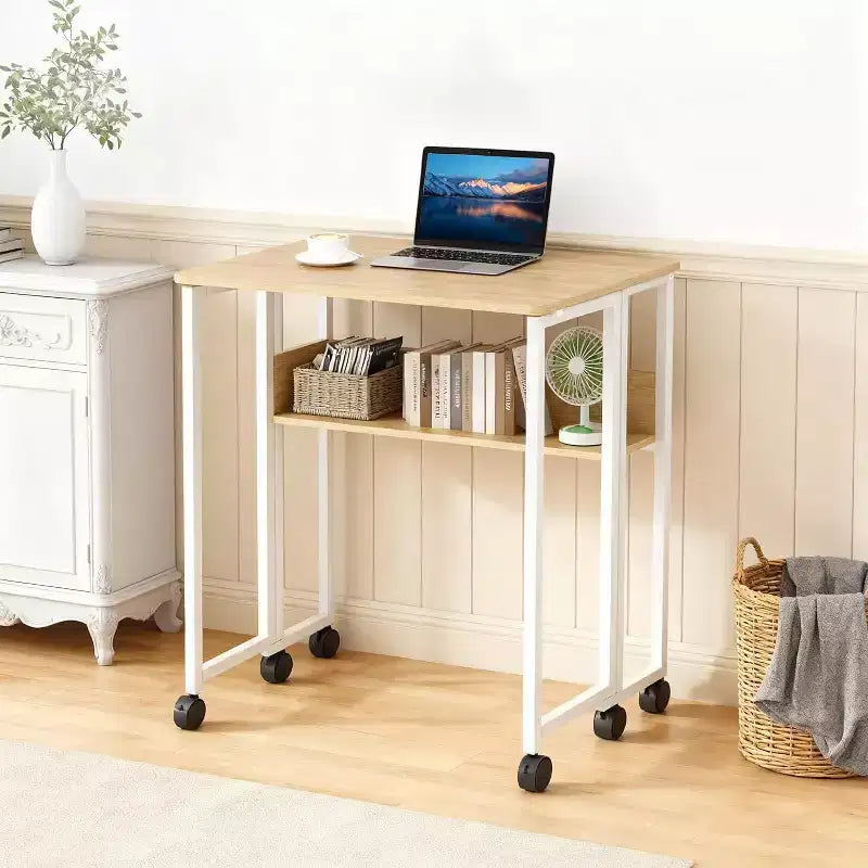 31.5" Foldable Rolling Desk with Storage Shelf and Wheels - Portable Computer Table for Small Spaces