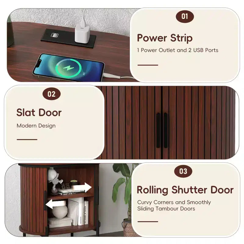 Bestier Mid-Century Modern Sideboard with Sliding Slat Doors, Built-In Power Outlet and USB Ports