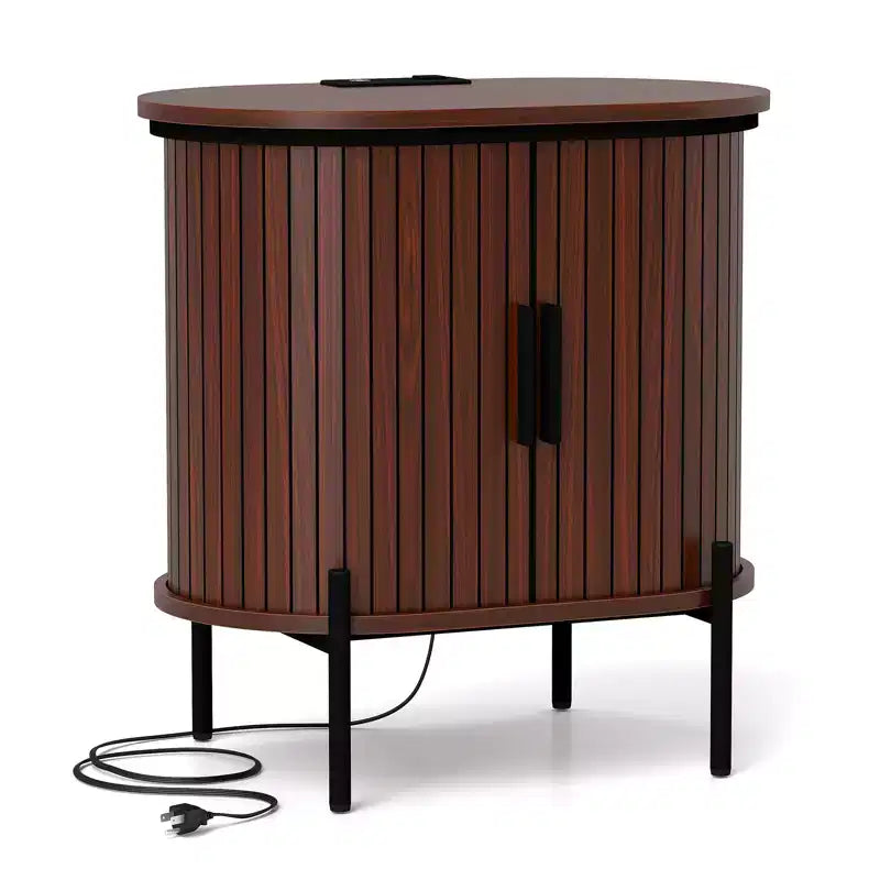 Bestier Mid-Century Modern Sideboard with Sliding Slat Doors, Built-In Power Outlet and USB Ports