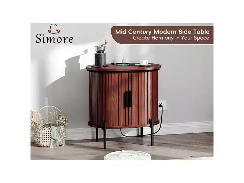 Bestier Mid-Century Modern Sideboard with Sliding Slat Doors, Built-In Power Outlet and USB Ports