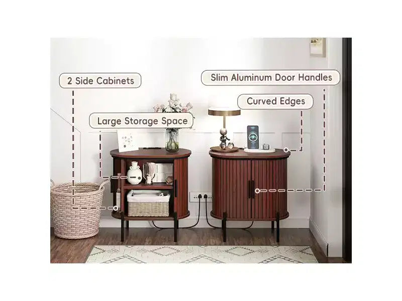 Bestier Mid-Century Modern Sideboard with Sliding Slat Doors, Built-In Power Outlet and USB Ports