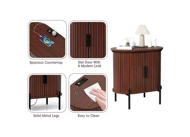 Bestier Mid-Century Modern Sideboard with Sliding Slat Doors, Built-In Power Outlet and USB Ports