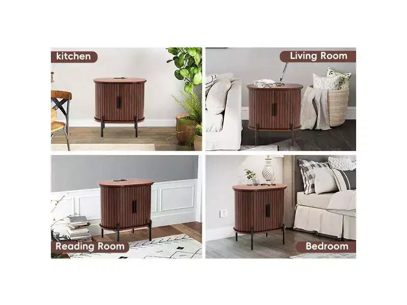Bestier Mid-Century Modern Sideboard with Sliding Slat Doors, Built-In Power Outlet and USB Ports