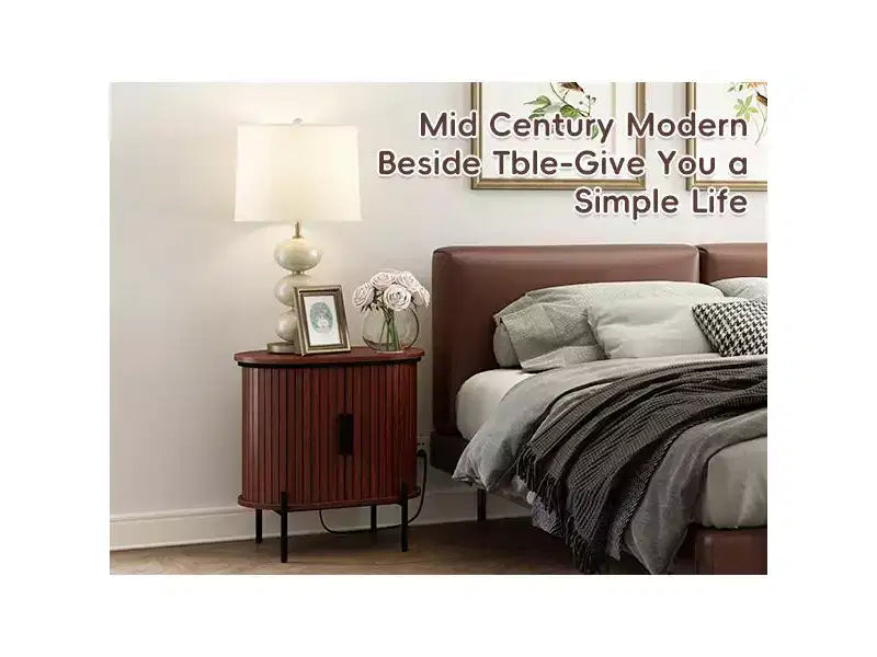 Bestier Mid-Century Modern Sideboard with Sliding Slat Doors, Built-In Power Outlet and USB Ports